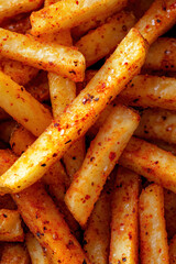 Close-up of spicy seasoned French fries with crispy texture and golden brown color