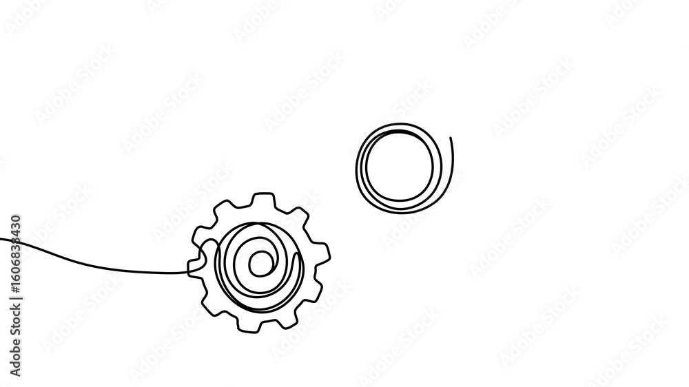 Poster animation of a single line drawing of two interlocking gears. continuous contour movement of two int