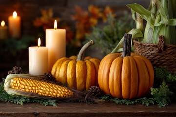 Autumn table display pumpkins corn candles basket and pinecones on a wooden surface