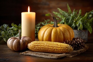 Autumn still life candle pumpkins corn and pinecones on burlap against a blurred backdrop of greenery