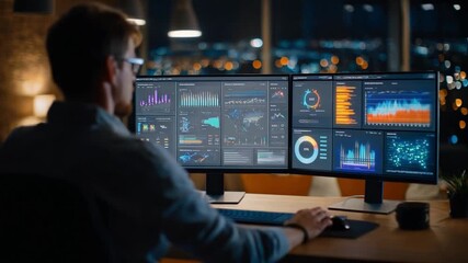Data Analyst at Work: A focused data analyst meticulously examines complex charts and graphs displayed on multiple screens in a modern, well-lit office environment.
