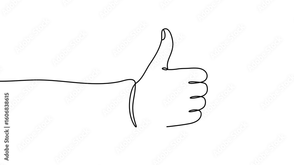 Poster animation of a single line drawing of a thumbs up. continuous contour movement of a thumbs up. conti