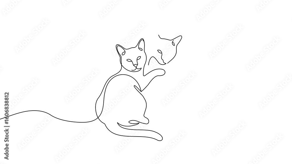 Poster animation of a single line drawing of two cats. continuous contour movement of two cats. continuous 