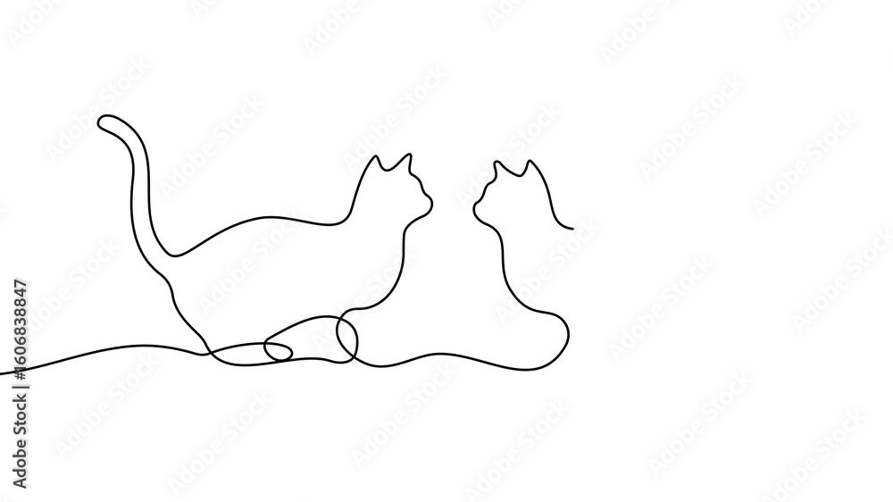 Poster animation of a single line drawing of two cats. continuous contour movement of two cats. continuous 