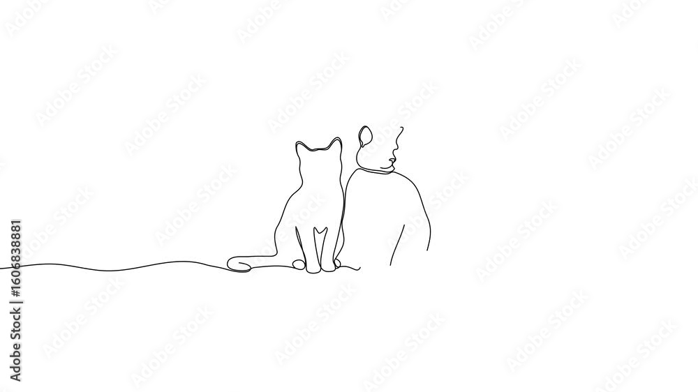 Poster animation of a single line drawing of two cats. continuous contour movement of two cats. continuous 