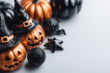 Black and gold pumpkins  witch hats on a white surface with sparkly decorations surrounding them