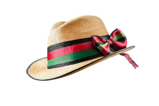 Straw fedora hat with red green black striped ribbon and bow, cut out transparent