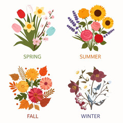 Seasonal Flower Set with Four Seasons Illustration