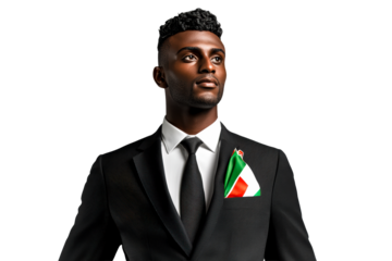 Determined Black businessman in elegant suit, looking up, cut out transparent
