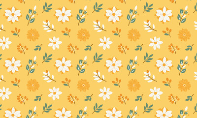 Cheerful summer floral seamless pattern with daisy and marigold flowers on a yellow background