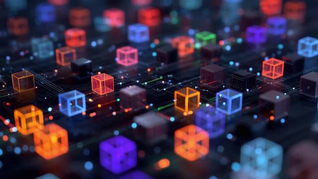 Digital Data Cubes: An array of vividly colored, translucent cubes interlink against a darkened backdrop, symbolizing the intricate connections of digital information.
