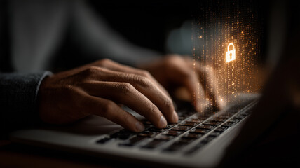 Hands Typing on Keyboard with Glowing Cybersecurity Interface in Dark Office
