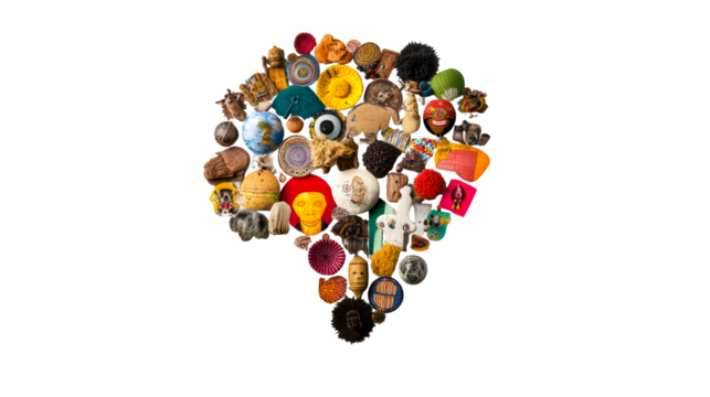 Collection of Assorted Trinkets Forming Brain Shape, cut out transparent