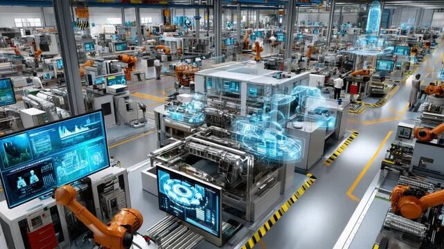 Factory of the Future: A cutting-edge factory floor, packed with futuristic robotic arms, intricate machinery, and digital interfaces.