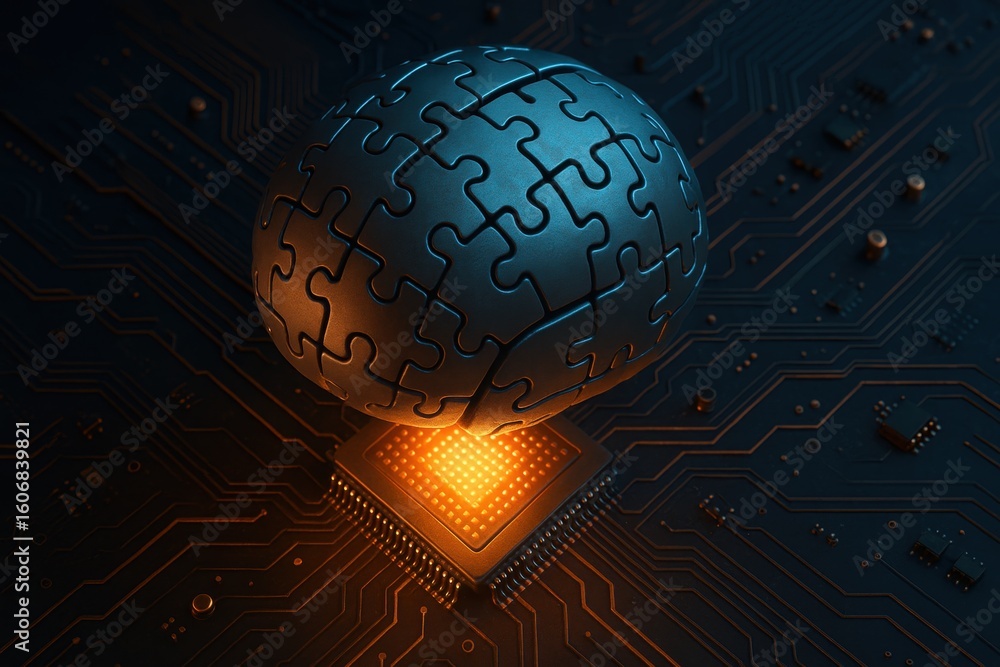 Poster digital puzzle sphere: a futuristic digital artwork showcases a puzzle sphere resting upon a circuit