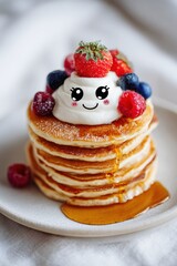 stack of pancakes with smiling cartoon whipped cream face topped with berries and syrup in cozy soft morning light concept of kawaii breakfast food fusion for cute lifestyle visuals