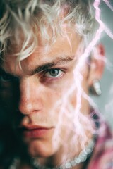 closeup portrait of young man with platinum blond curly hair, piercing look and pink lightning overlay, surreal artistic concept, creative fashion photo