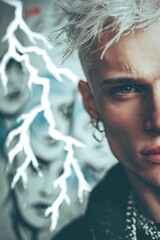 closeup portrait of young man with platinum blond curly hair, piercing look and pink lightning overlay, surreal artistic concept, creative fashion photo