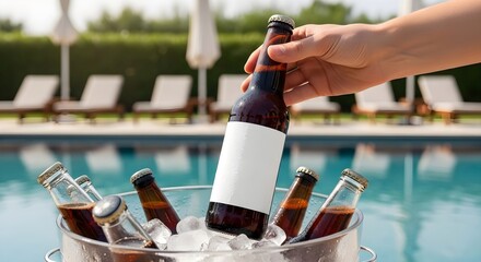 A bucket of dark craft beer bottles chilling in ice by a glistening pool. A summer mockup banner perfect for promoting beer brands, pool parties, vacations, and International Beer Day.