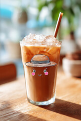 iced coffee drink with cartoon face and straw hat drawing on wooden table, cheerful summer beverage in sunlight