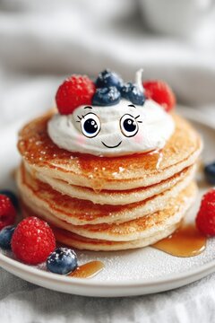 Naklejki stack of pancakes with smiling cartoon whipped cream face topped with berries and syrup in cozy soft morning light concept of kawaii breakfast food fusion for cute lifestyle visuals