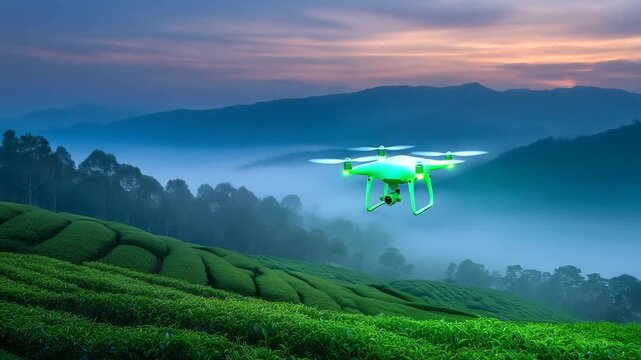 Humanoid robots gently picking tea leaves on terraced mountain slopes, early morning fog, traditional meets modern robot tea pickers, smart farming technology, tea plantations with