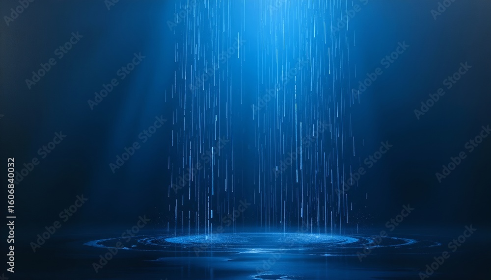 Poster intense blue light illuminates a dark space, creating a captivating visual display of rain falling