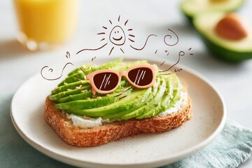 playful photo illustration fusion of avocado toast with sunglasses and doodle sun, healthy breakfast food humor with artistic summer vibe and cartoon elements overlay