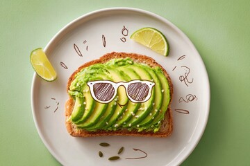 fun photo illustration fusion of avocado toast with cartoon sunglasses and doodles, healthy breakfast concept with artistic summer vibe and creative food humor on green background