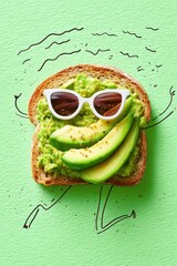 fun photo illustration fusion of running avocado toast character with sunglasses and doodle limbs, creative healthy lifestyle and breakfast humor on green textured background