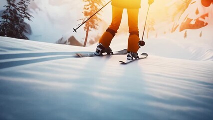 Man in brightly colored winter clothes going skiing on snowy terrain. Ideal for promotional materials about winter vacations and sports activities.
