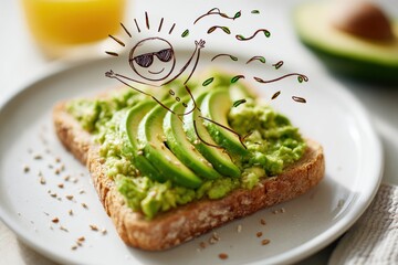 fun photo illustration fusion of happy cartoon figure jumping over avocado toast, bright healthy breakfast concept with seeds, sunny mood and summer lifestyle