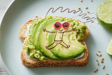 avocado toast with fun cartoon character overlay, photo illustration fusion of healthy food and playful art, bright breakfast scene with lime slices and pastel tones