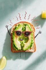 cheerful photo illustration fusion of avocado toast character with sunglasses and smiling face, sunny breakfast scene with sesame seeds and lime slices, concept of healthy fun food
