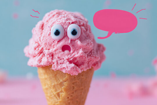 funny pink ice cream cone with surprised cartoon face, creative photo illustration fusion concept for summer, pastel background with copy space, surreal emotional dessert character