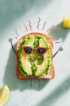 Naklejki cheerful photo illustration fusion of avocado toast character with sunglasses and smiling face, sunny breakfast scene with sesame seeds and lime slices, concept of healthy fun food
