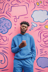 man in blue hoodie leaning on pink cartoon graffiti wall with outlined faces and blank comic speech bubble holding smartphone and gazing to side concept of pop culture