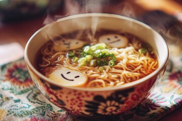 korean style ramen with smiling fish cakes and spring onion served in floral bowl with hot steam rising on cozy textile surface in warm daylight concept of illustrated cozy food fusion