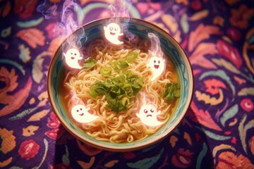 bowl of ramen with floating cartoon ghosts rising from steam surrounded by fresh herbs and served on colorful fabric in magical warm light concept of whimsical food illustration fusion
