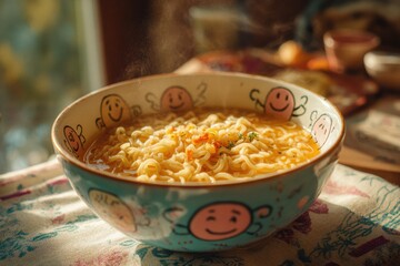 bowl of hot ramen with steam rising served in illustrated cartoon dish with smiley doodle faces on tablecloth in soft warm morning light concept of cozy food illustration fusion