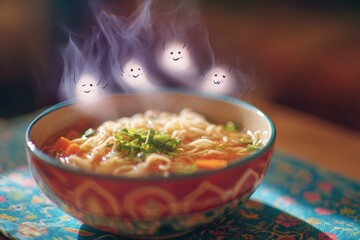 hot noodle soup in red patterned bowl with cute cartoon steam ghosts rising from the broth and smiling in warm light on colorful fabric concept of whimsical food photo illustration fusion