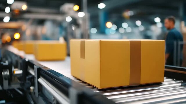 Packaging line in a premium tea brand factory, labeled boxes moving through a sealing and labeling machine, ready for distribution tea box packaging, branded tea production, tea fa