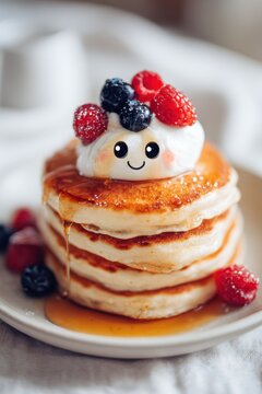 Naklejki stack of pancakes with smiling cartoon whipped cream face topped with berries and syrup in cozy soft morning light concept of kawaii breakfast food fusion for cute lifestyle visuals