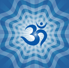 Spiritual Divine Blue Om symbol centered on radiant spiritual light rays background. Divine, spiritual, Hindu, meditation, sacred, abstract, energy, religion, yoga, graphic, god, culture, power