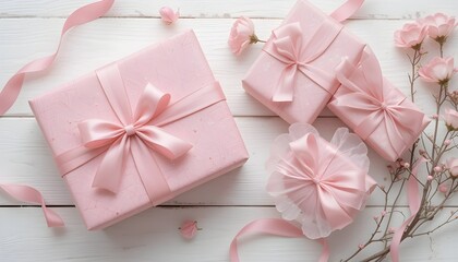 Soft Pink Gift Box Set on White Wooden Background