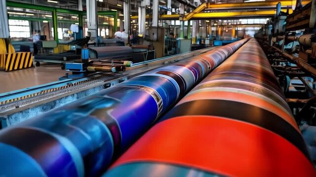 The process of printing colorful magazines on a high-speed printing press. Applicable in presentations of printing companies and production processes.
