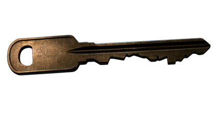 Aged metallic key with etching, cutout transparent