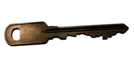 Aged metallic key with etching, cutout transparent