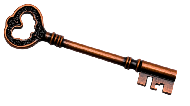 Vintage bronze key with heart, ornamented decor «, cut out transparent"