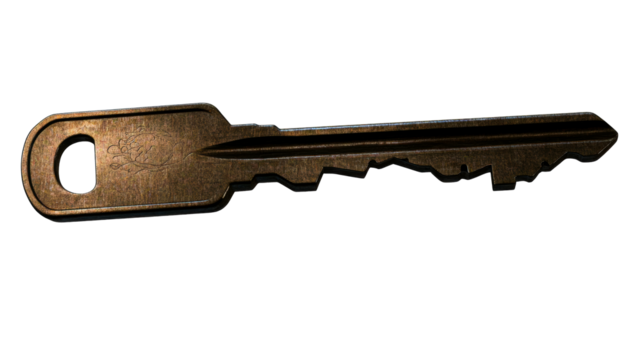 Aged metallic key with etching, cutout transparent